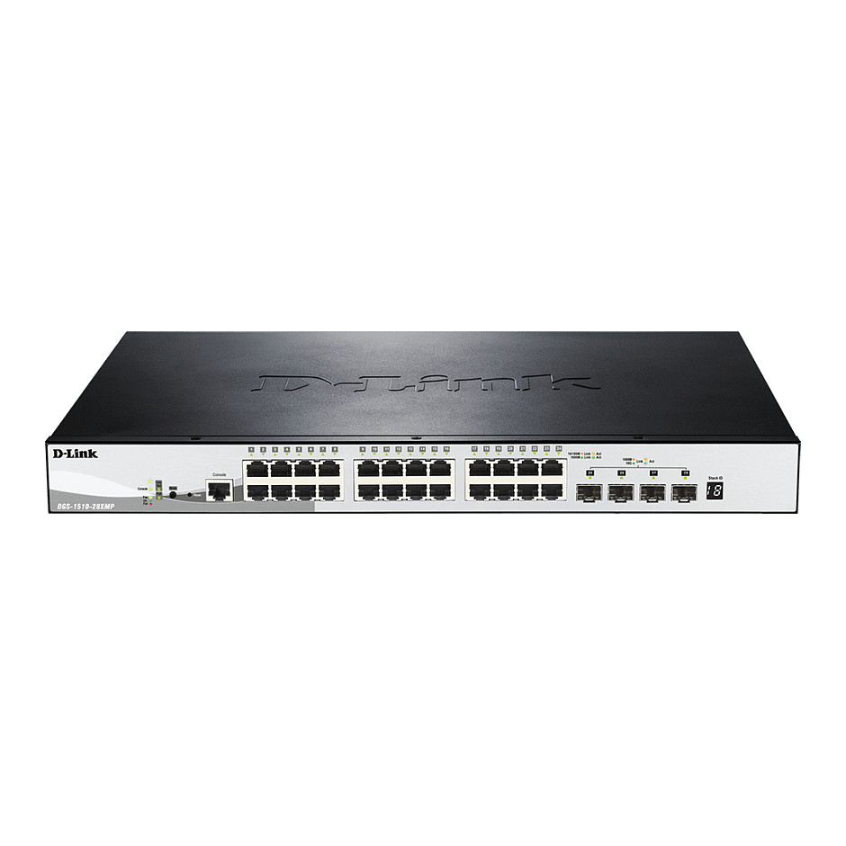 D-Link DGS-1510-28XMP/E 28-Port Gigabit Smart Managed PoE+ Stackable Switch with 24x PoE+, 4x10G SFP+ Uplink & 370W PoE Budget - 1