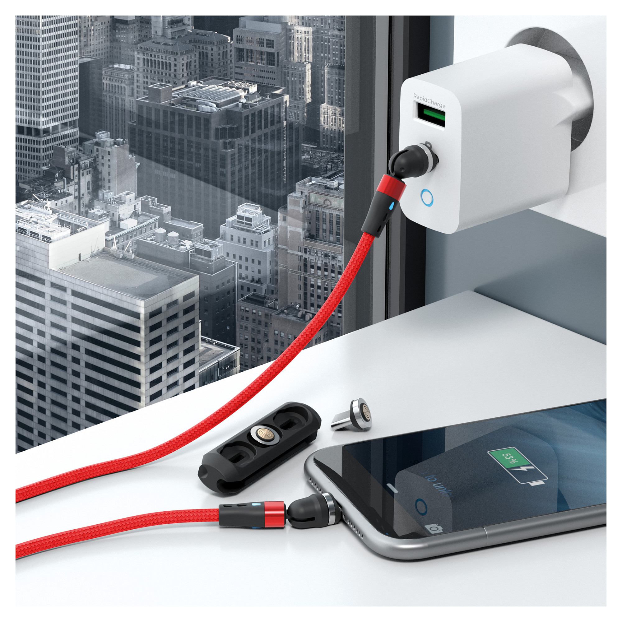 Kabllo RealPower MagneticCharge2 / USB-A → USB-C / Magnetike / 1m / 6 Adapterë – Kuqe - 5
