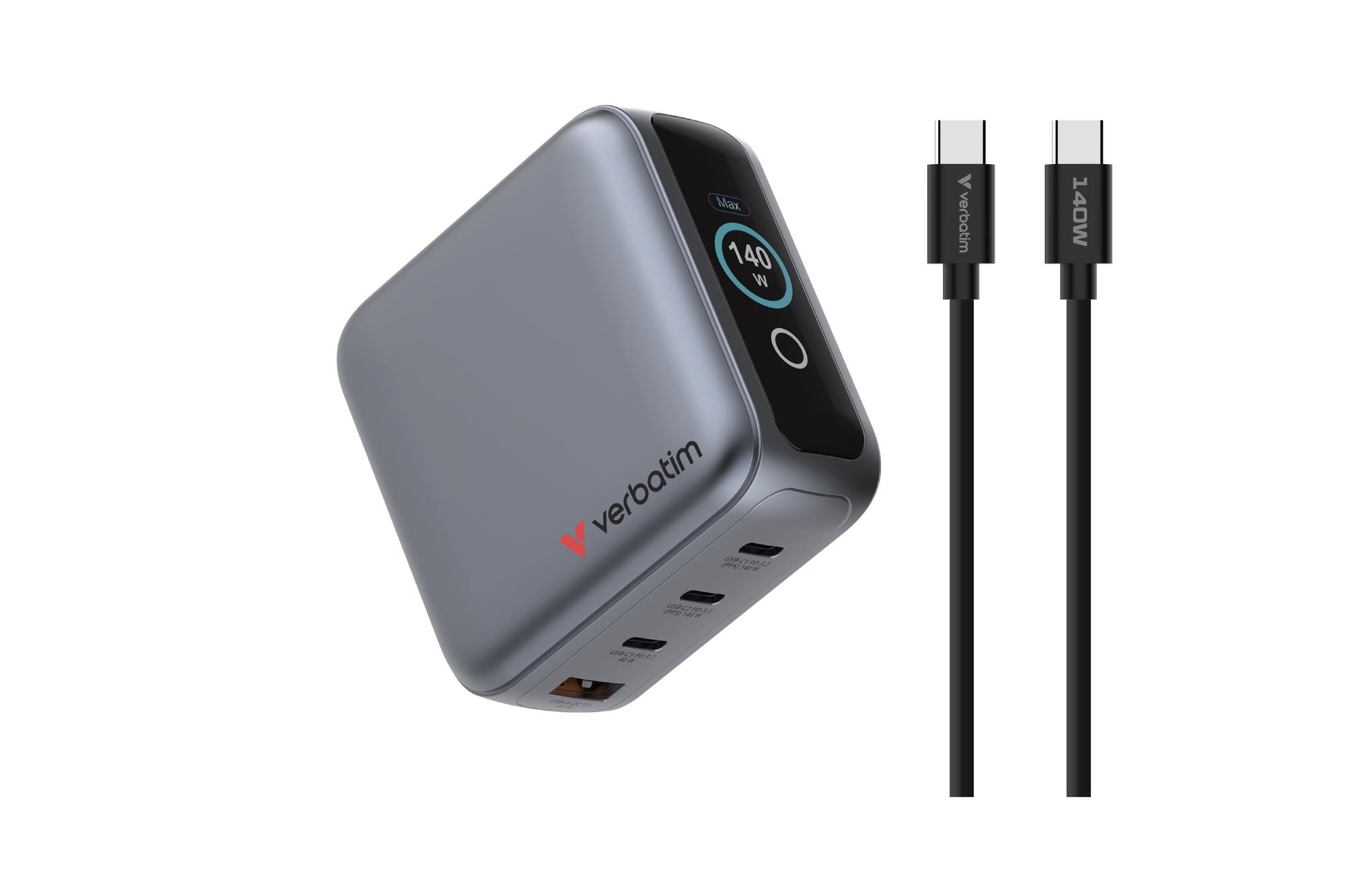 Karikues Verbatim Mini GaN Charger / 30240 / 140W / 3x USB-C + USB-A / Display / Kabllo USB-C – Zezë
