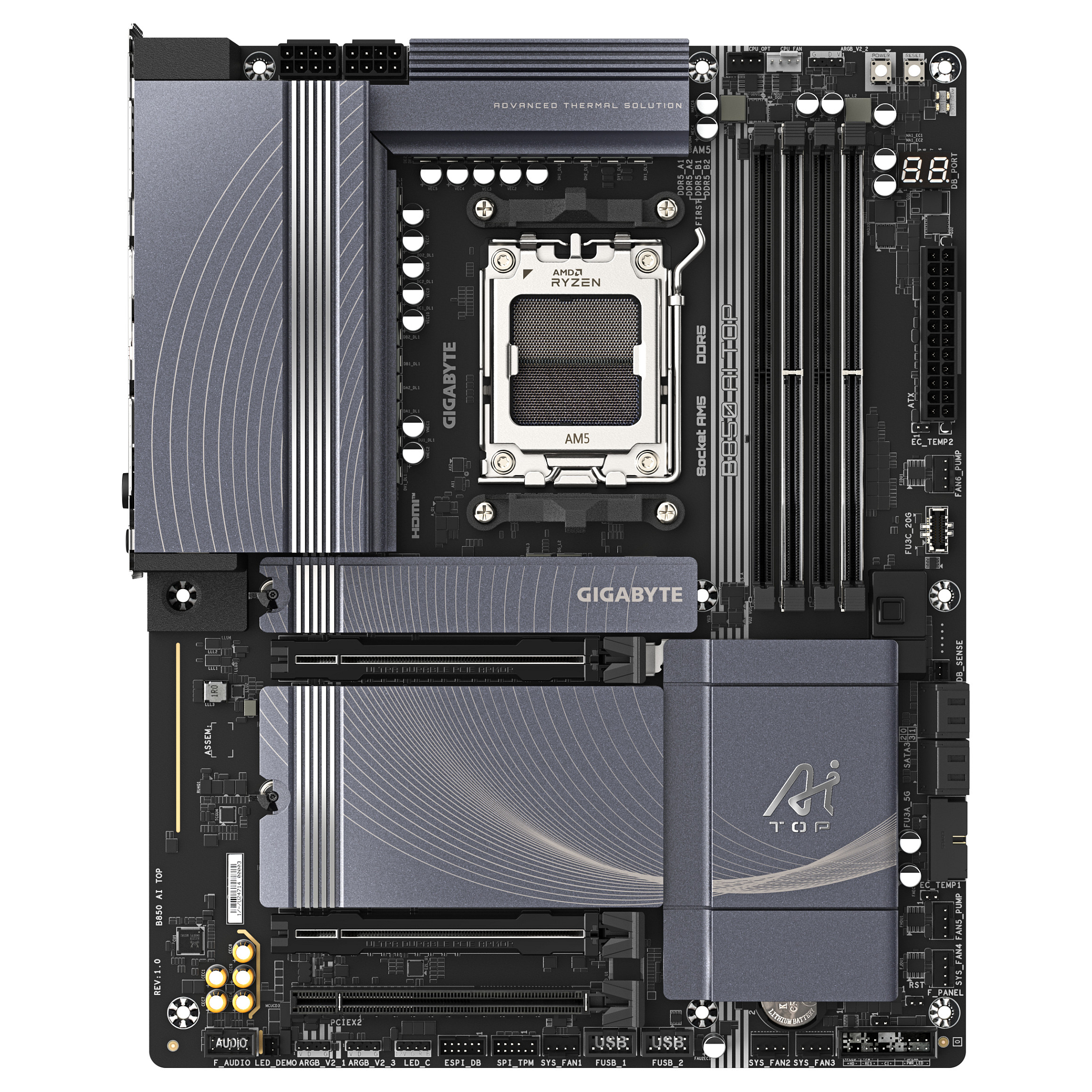 Pllakë Amë GIGABYTE B850 AI TOP / AMD AM5 / B850 / DDR5 / ATX / Wi-Fi 7 / 10GbE LAN - 2
