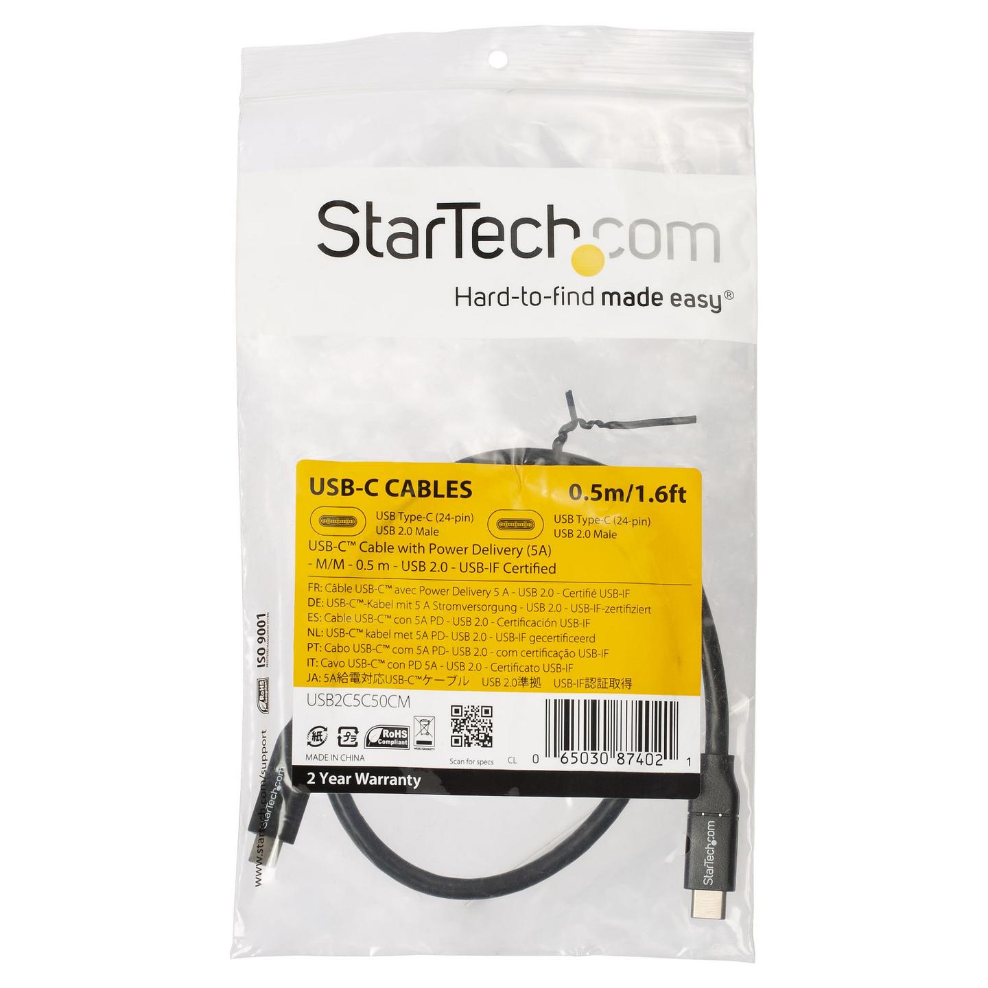 Kabllo USB StarTech.com USB2C5C50CM, USB-C në USB-C, USB 2.0, 100 W, 0,5 m - Zezë - 4