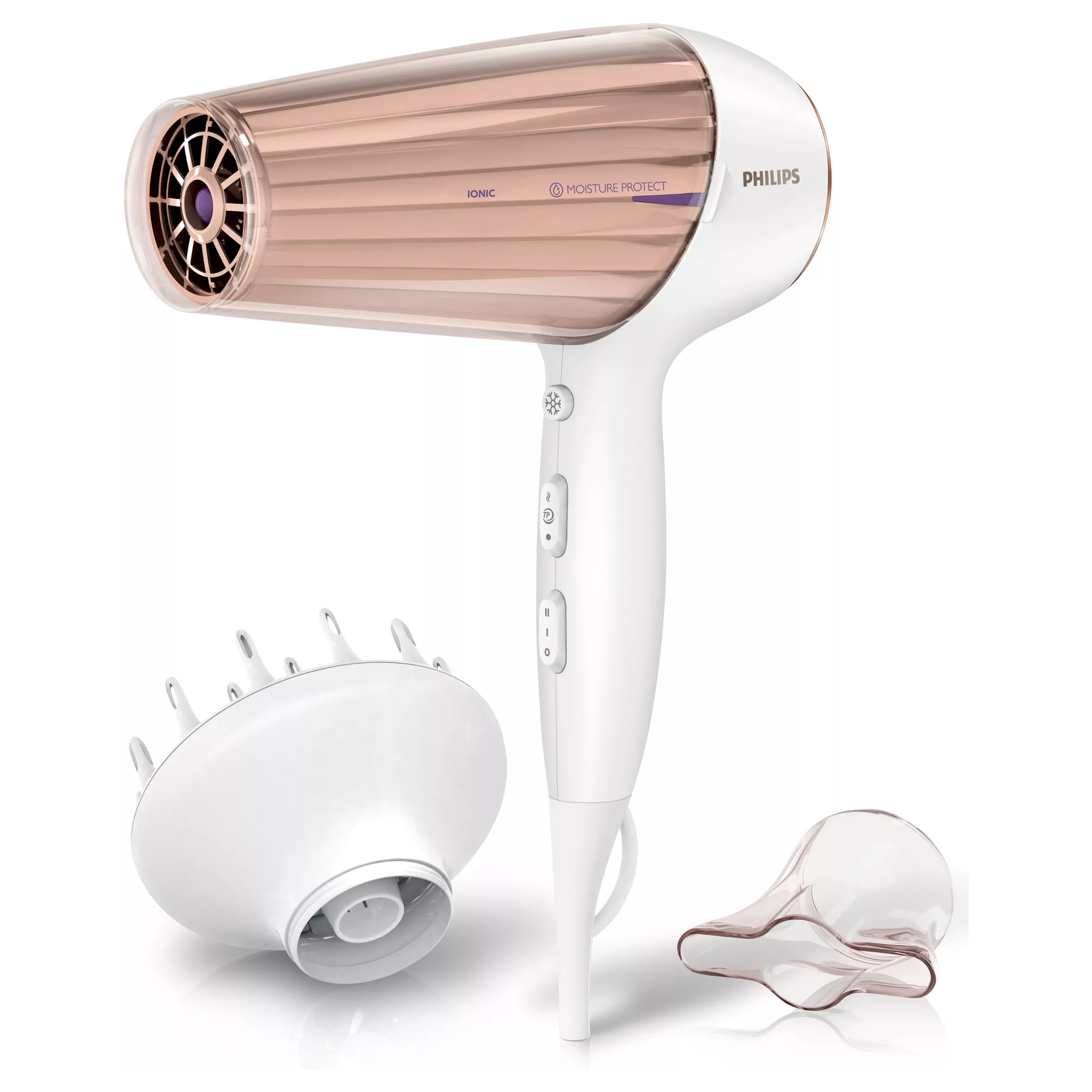 Tharëse për flokë Philips DryCare Prestige MoistureProtect HP8280/00 / 2100-2300W / Infrared Sensor / Ionic / 6 Cilësime / Cool Shot / Diffuser – Bardhë/Ari