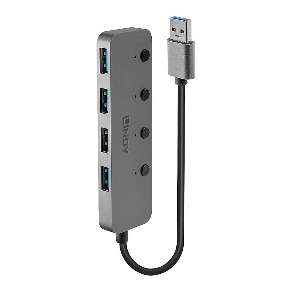 Splitter USB Lindy 43309 / USB 3.2 Gen 1 / 4x USB-A / 5 Gbit/s / On/Off - Gri - 1