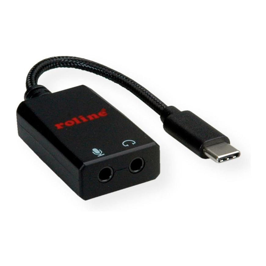 Adapter Audio ROLINE 12.03.3209 , USB-C Mashkull në 2x 3.5mm Femër , Kufje dhe Mikrofon , 13cm - Zezë - 3
