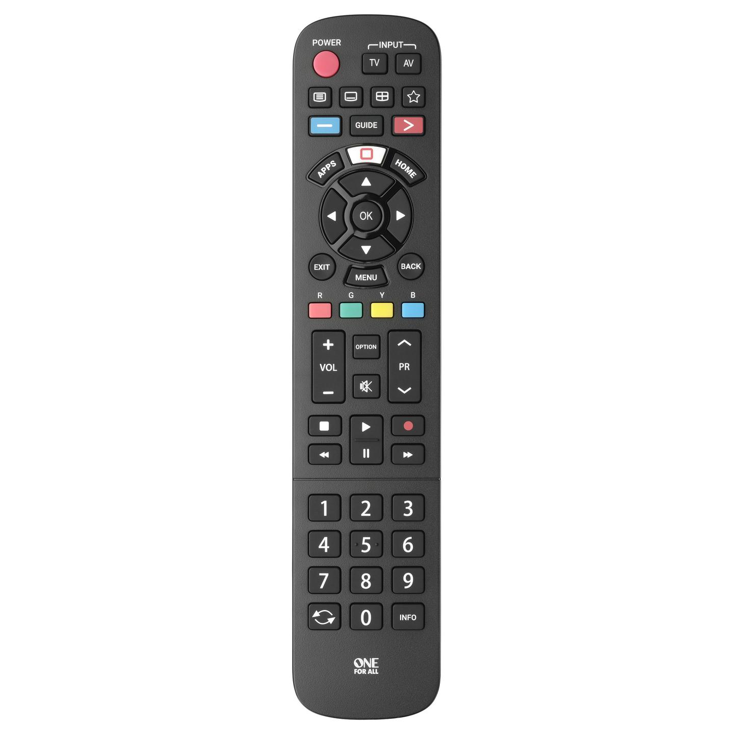 Telekomandë zëvendësuese për televizor Panasonic One For All URC4914, infra të kuqe, 49 butona, 3 taste të shkurtoreve për aplikacione, funksion mësimi - Zezë