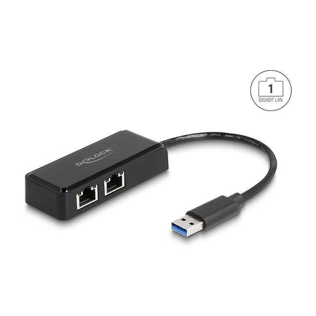 Adapter Rrjeti DeLOCK 64194, USB-A Mashkull në 2x RJ45 Femër, 2x Gigabit LAN, USB 5Gbps, Realtek RTL8153, 20cm - Zezë - 1