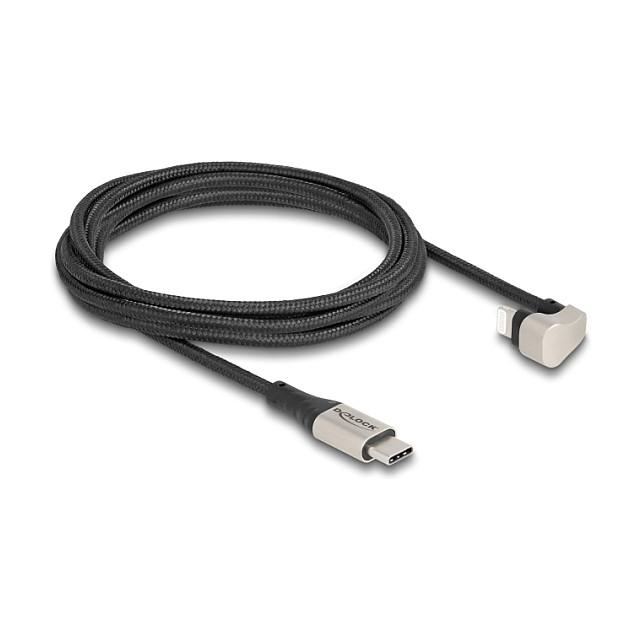 Kabllo USB DeLOCK 80026 / USB-C në Lightning / 2m / USB 2.0 / 3A / 480 Mbps / MFi / Këndore 180° / Tekstil - Zezë/Argjend - 2