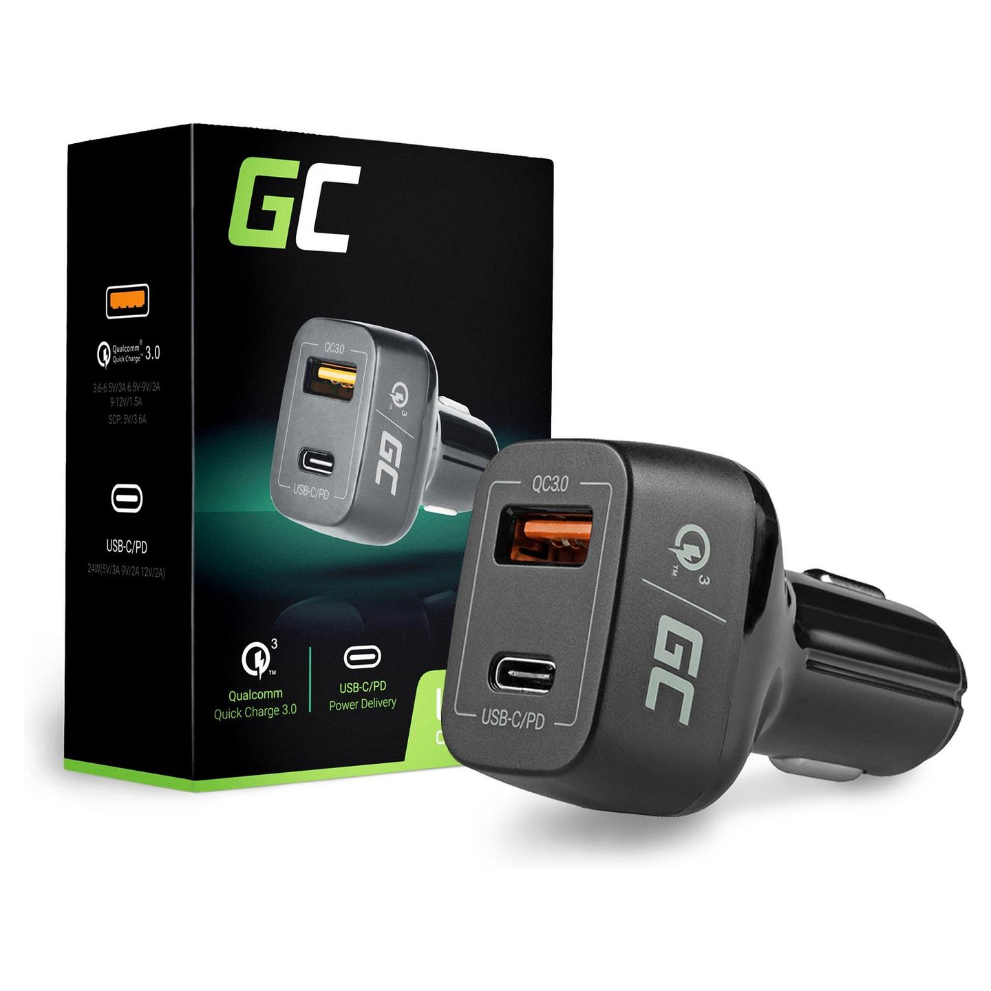 Adapter telefoni për veturë Green Cell CAD33 / 48W / 1x USB-C / 1x USB-A / PD / QC 3.0 / 12–24V - Zezë