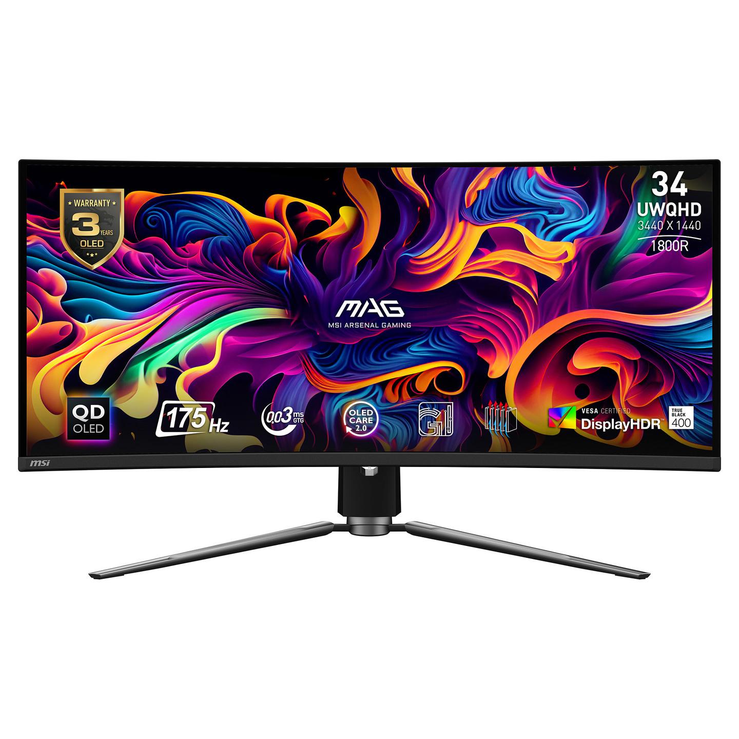 Monitor Gaming MSI MAG 341CQP QD-OLED / 34" / UWQHD QD-OLED Curved / 175Hz / 0.03ms / HDMI+DisplayPort+USB-C - Zezë - 1