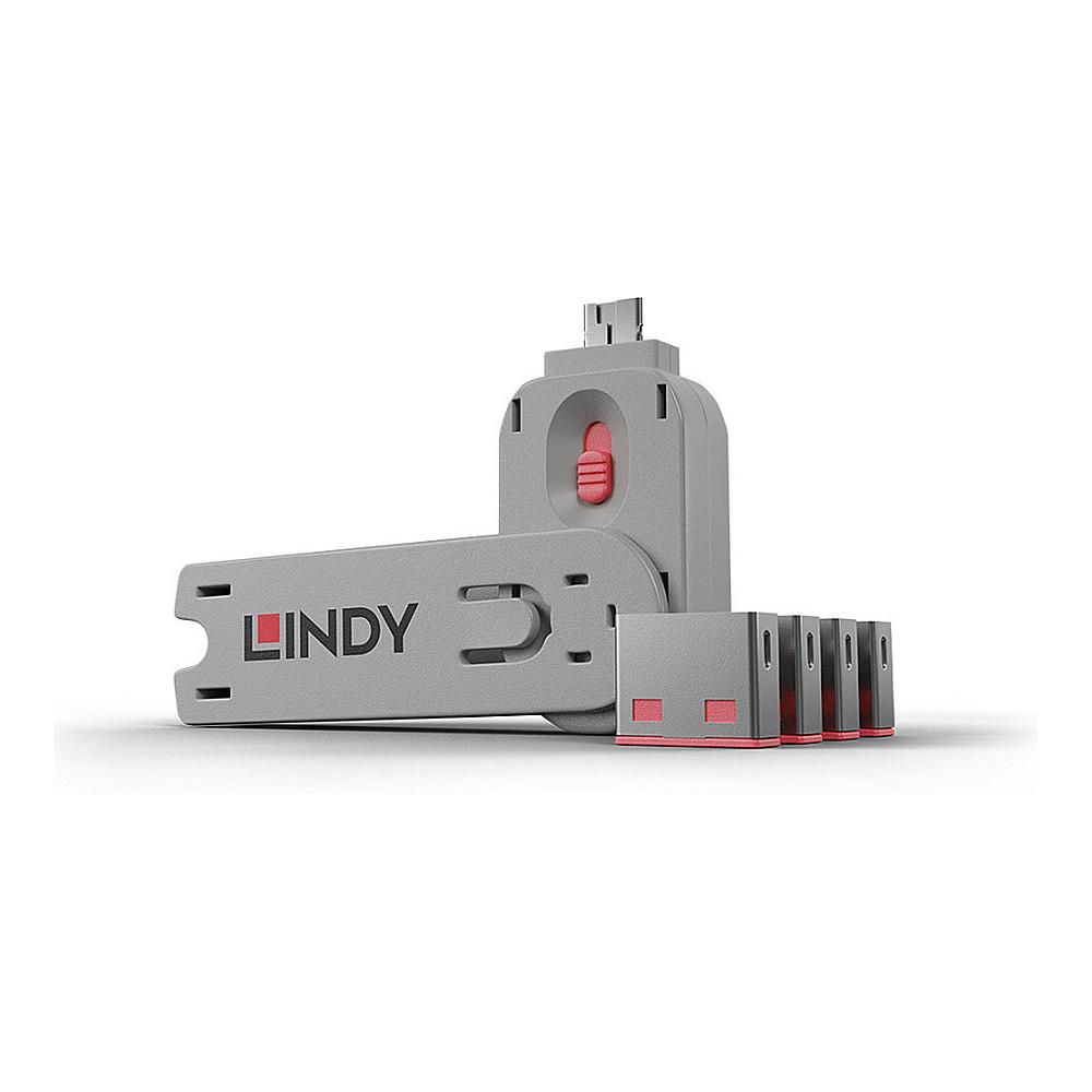 Bllokues portash Lindy 40450, USB-A, 4 copë, me çelës - Rozë