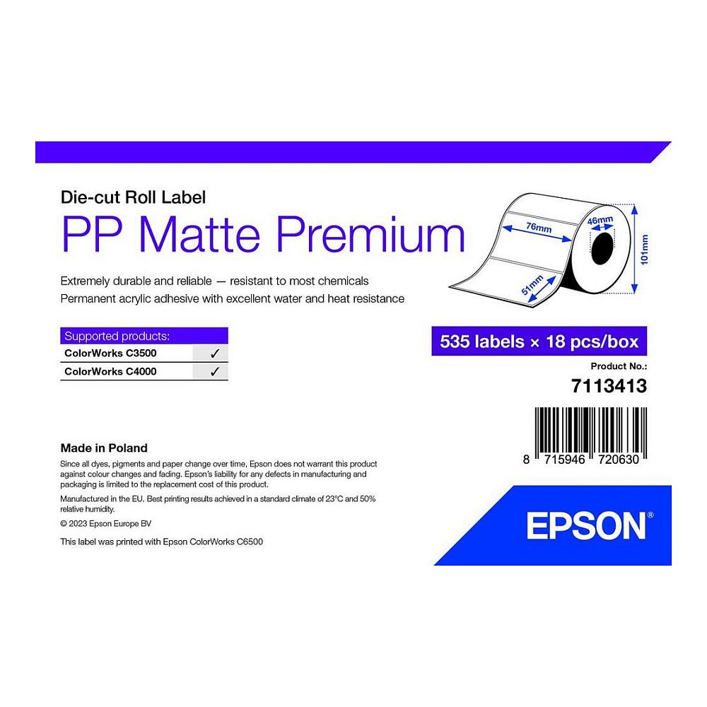 Etiketa Epson 7113413, PP Matte Premium, 76 × 51 mm, 535 etiketa për rrotull - Bardhë