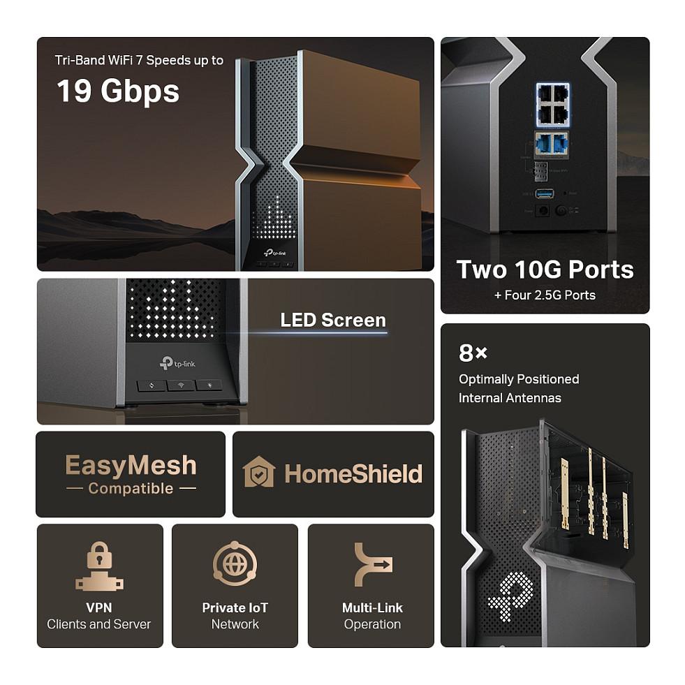 TP-Link Archer BE800 Ruter Wi-Fi 7 BE19000 Tri-Band, deri 18.656Gbps, 1× 10Gbps WAN/LAN, 1× 10Gbps SFP+/RJ45 Combo, 4× 2.5Gbps LAN, USB 3.0 – E zezë/Gri - 9