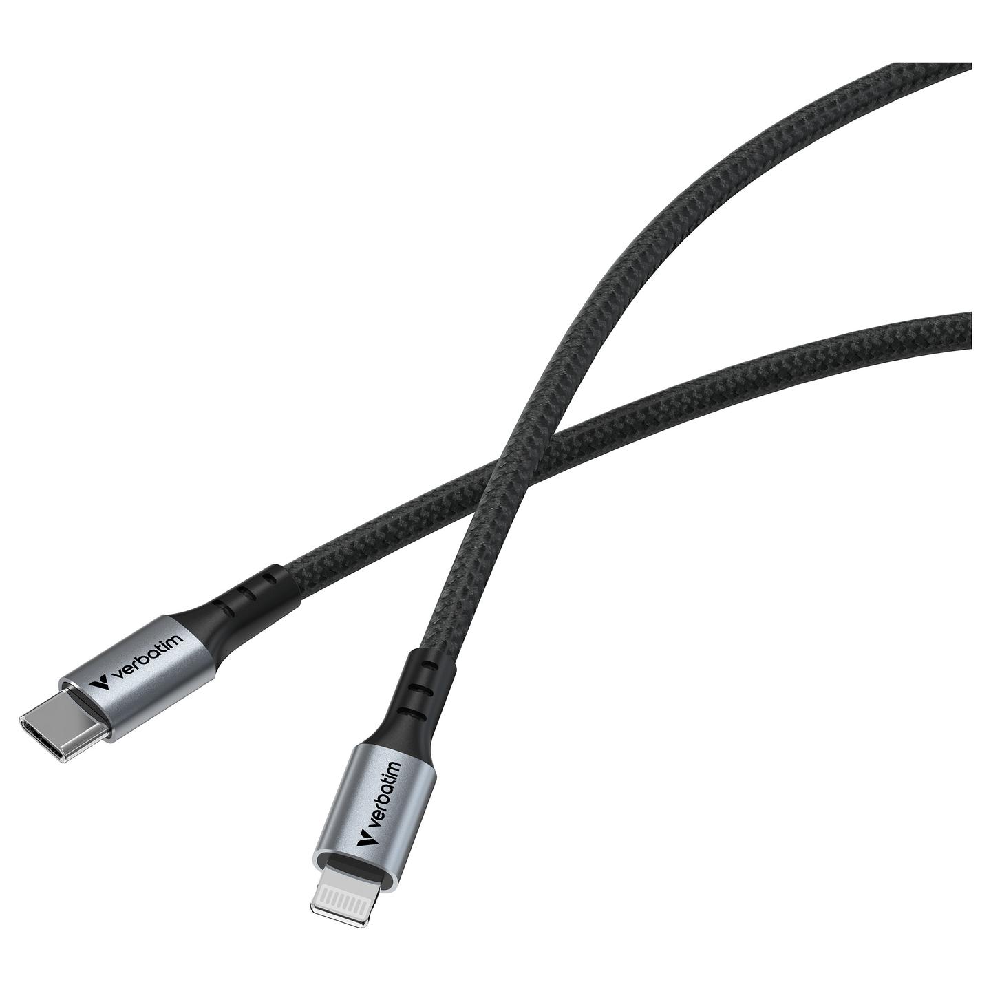 Kabllo USB Verbatim 31844, USB-C në Lightning, 120 cm, USB 2.0, 60W, Power Delivery 3.0 – Zezë/Argjend - 2