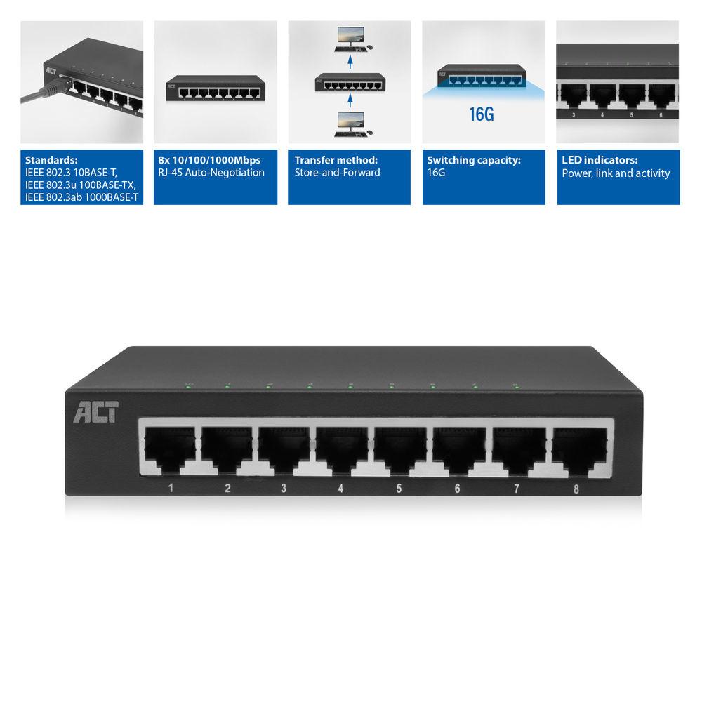 Switch ACT AC4418, 8x Gigabit Ethernet RJ45, 10/100/1000Mbps, 16Gbps, i pamenaxhuar, Kuti Metalike - Hiri - 3