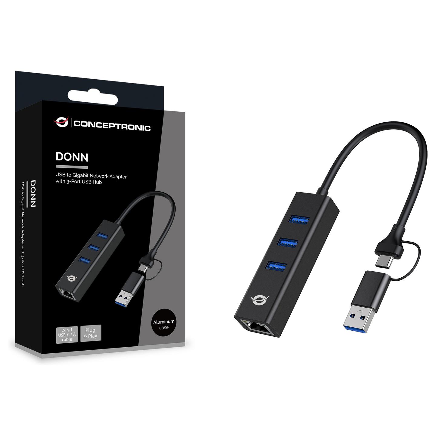 Hub Conceptronic DONN07BA, 3x USB-A, Gigabit Ethernet, USB 3.2 Gen 1, 5Gbps - Zezë - 6