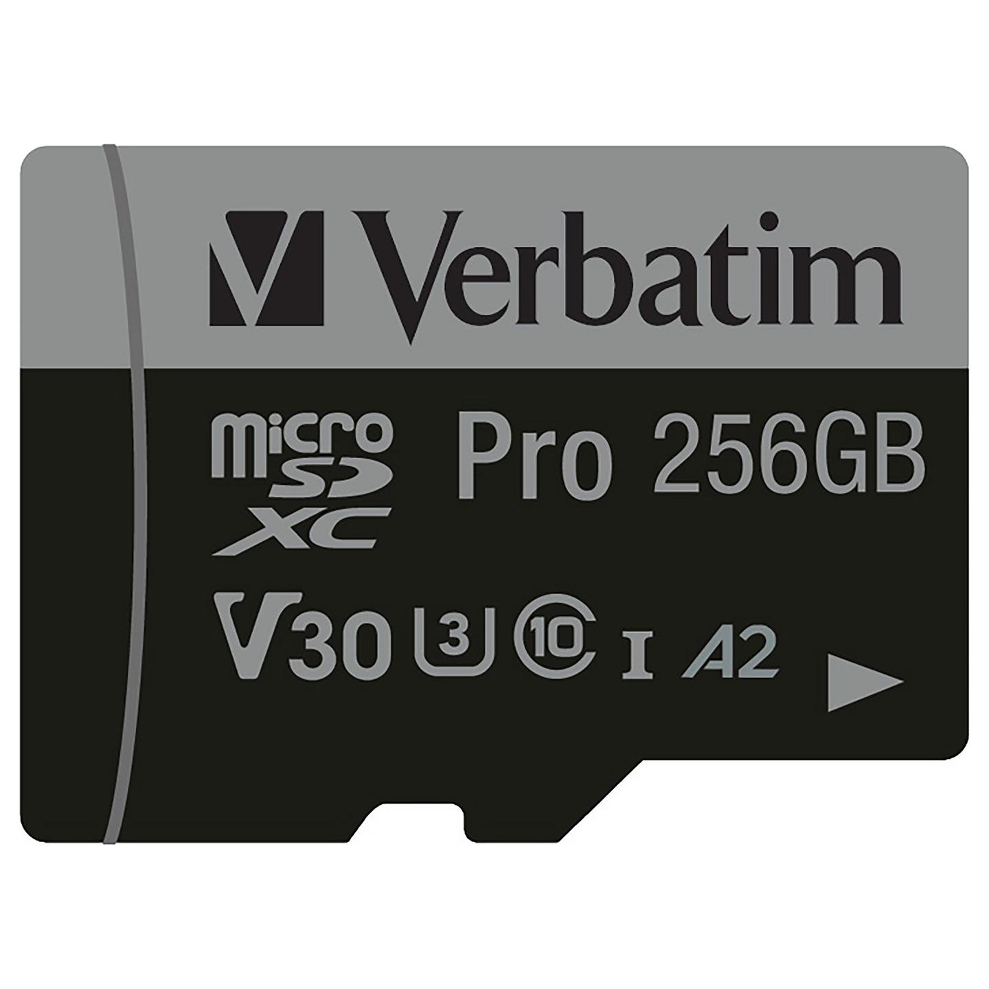 Kartë Memorie microSDXC Verbatim Pro, 256GB, Class 10, UHS-I, U3, V30, A2, me Adapter SD - Zezë