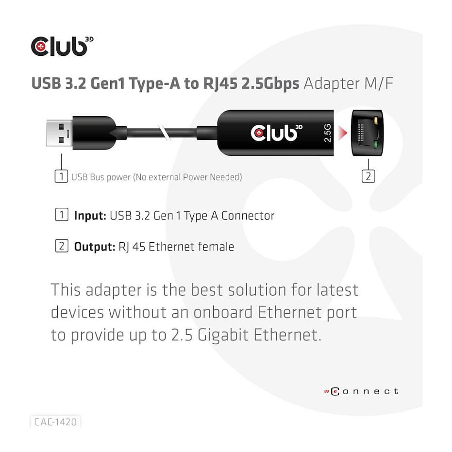 Adapter USB Club 3D CAC-1420 / USB-A në Gigabit Ethernet / RJ-45 / 2.5 Gbit/s / USB 3.2 Gen 1 - Zezë - 7