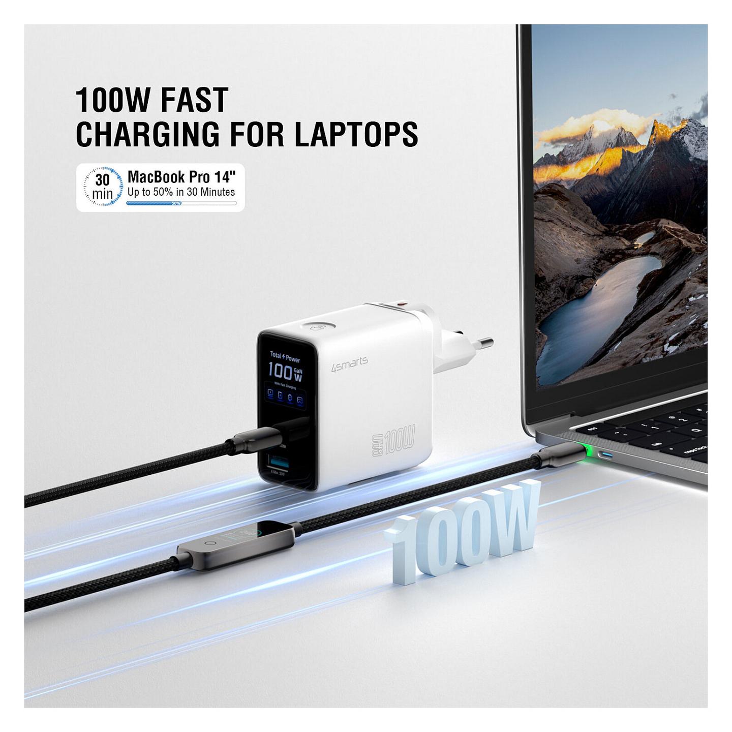 Adapter 4smarts GaN Flex Screen AI / 100W / 2x USB-C + USB-A / PD / PPS / Ekran Inteligjent - Bardhë - 10