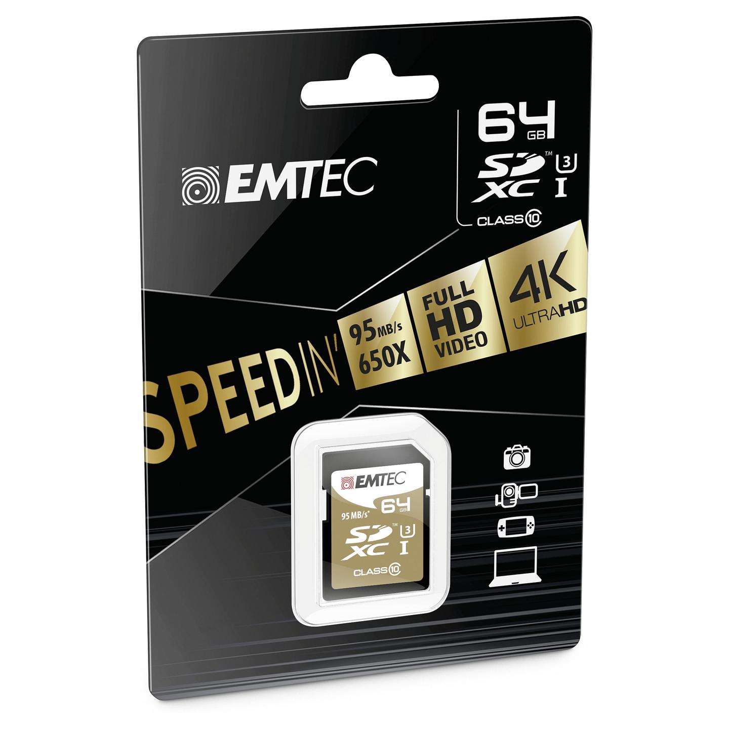 Kartë Memorie SD EMTEC SDXC SpeedIN Pro, 64GB, UHS-I, U3, V30, deri në 100 MB/s Lexim - 2