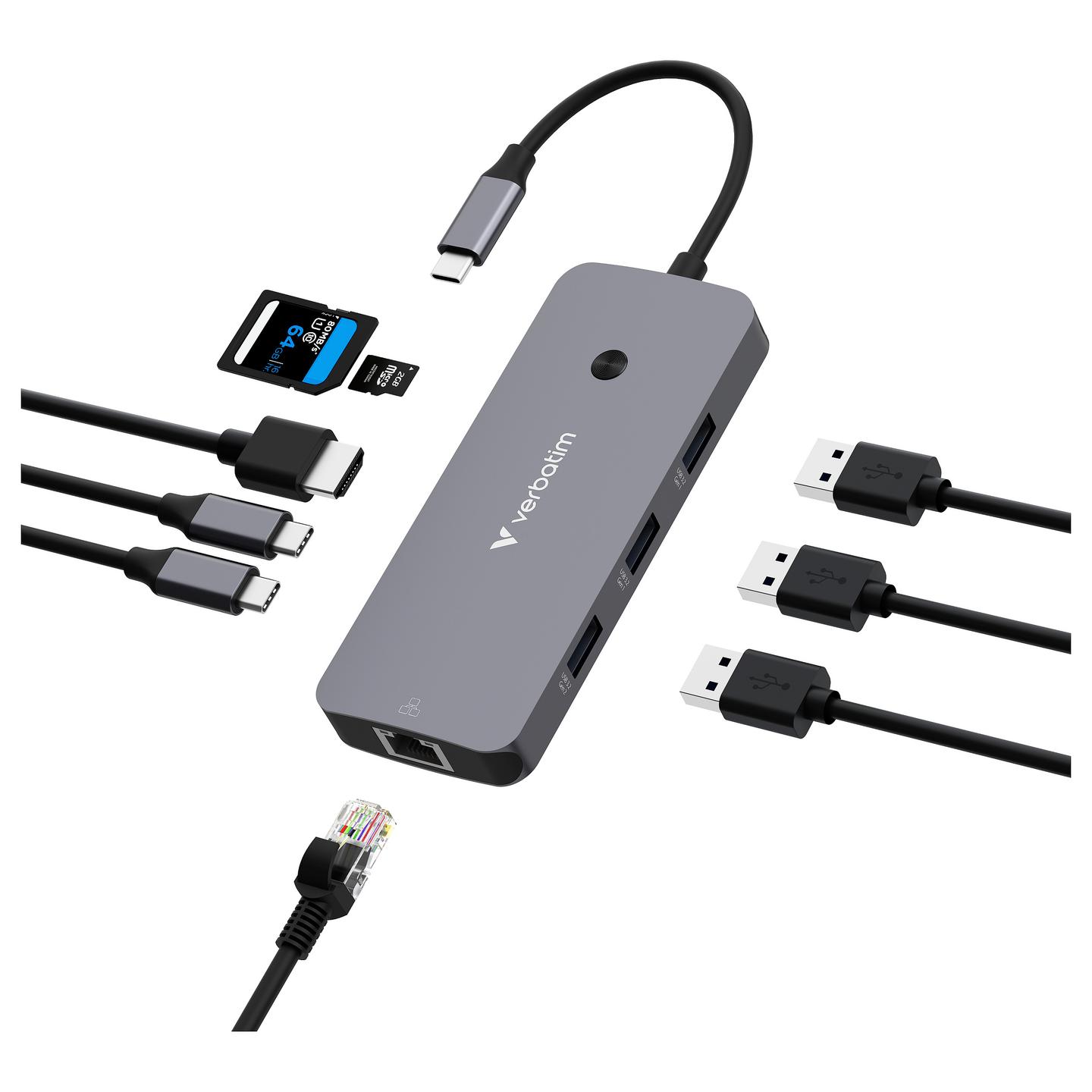 Hub Verbatim USB-C CMH-09, 1× HDMI, RJ-45, 3× USB-A, 2× USB-C, SD, microSD - Hiri