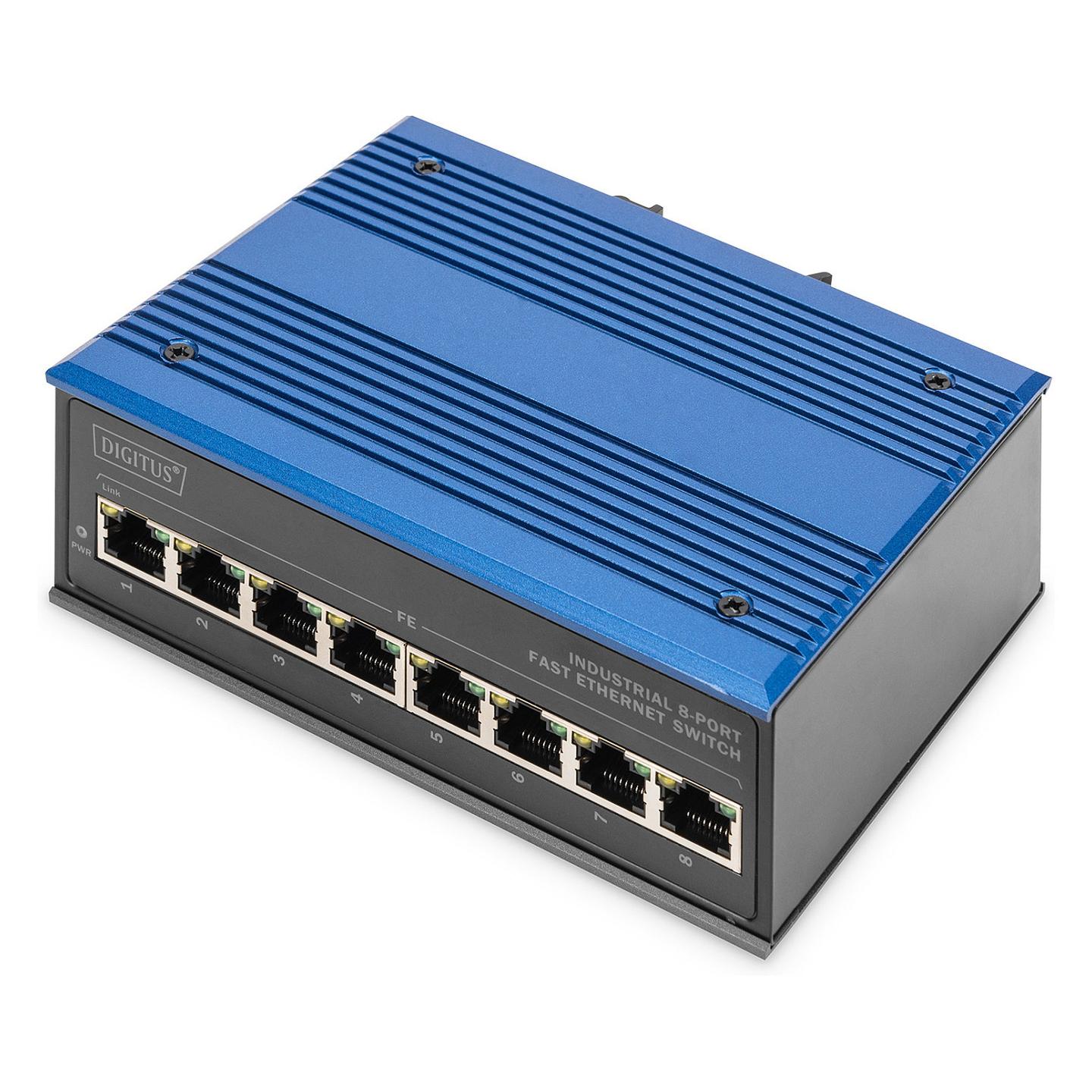 Switch Industrial DIGITUS DN-650106, 8x Fast Ethernet RJ45, 10/100Mbps, 1.6Gbps, IP40, DIN-Rail - Blu