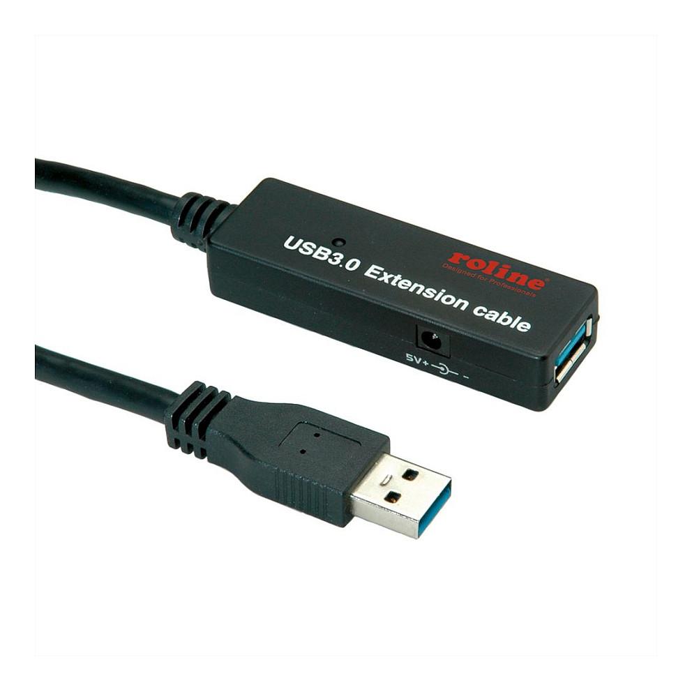 Kabllo USB ROLINE 12.04.1071 / USB 3.2 Gen 1 / USB-A Mashkull në USB-A Femër / Zgjatuese Aktive / 15 m / 5 Gbit/s / 5V 1A - Zezë - 1