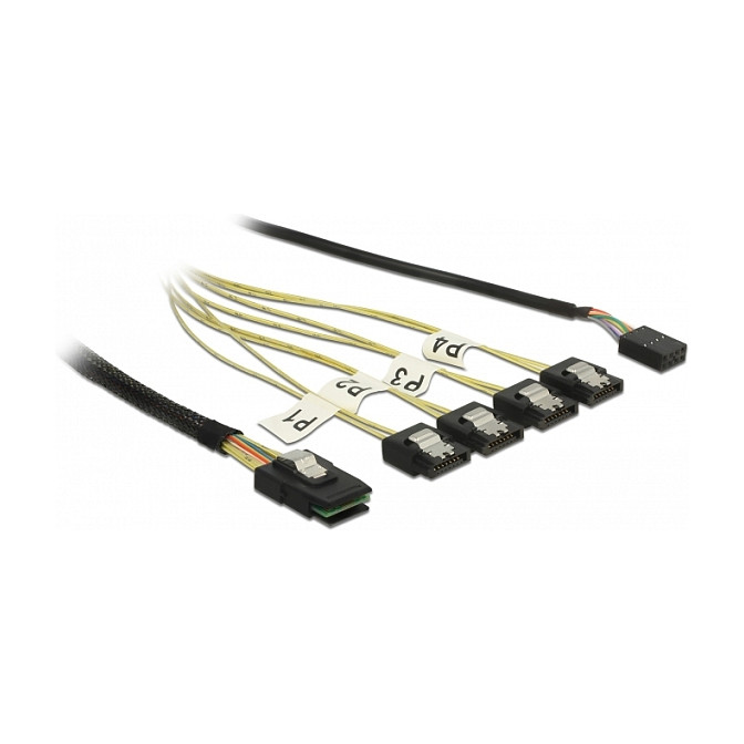 Kabllo Mini SAS SFF-8087 në 4× SATA 7-pin + Sideband 1m 