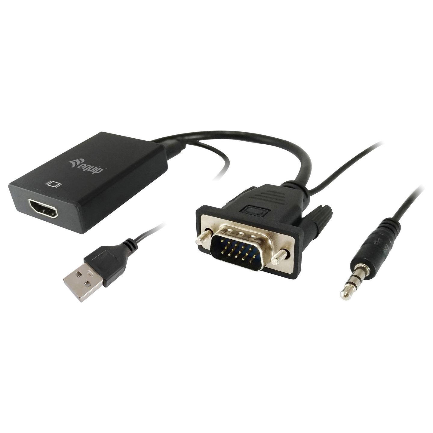 Adapter VGA EQUIP 119038 / VGA HD15 Male në HDMI-A Female / Audio 3.5 mm / 1920 × 1080 @60 Hz / USB - Zezë