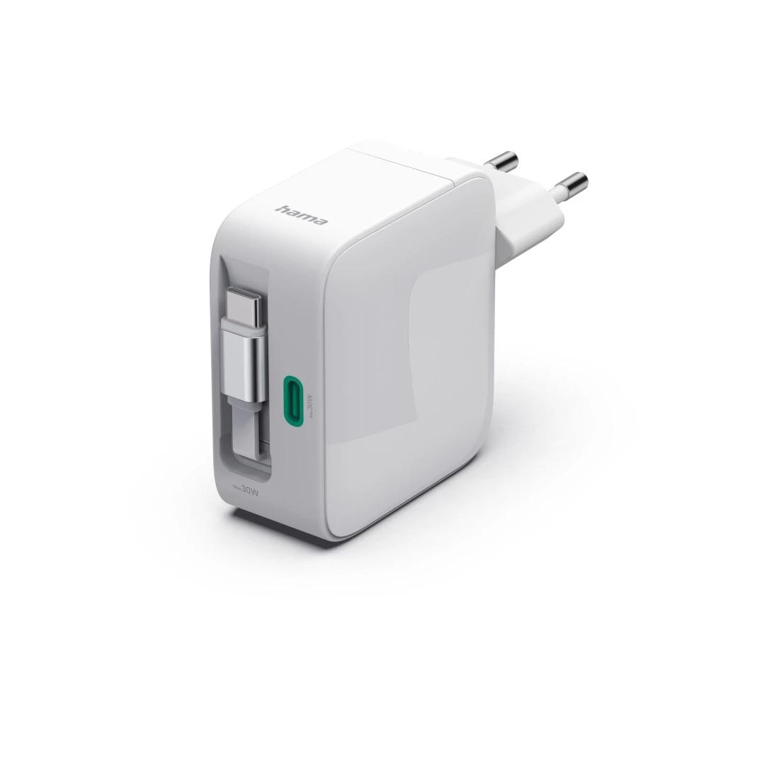Adapter Rryme Hama 00201956 / USB-C / 30W / GaN / Kabllo e Integruar - Bardhë