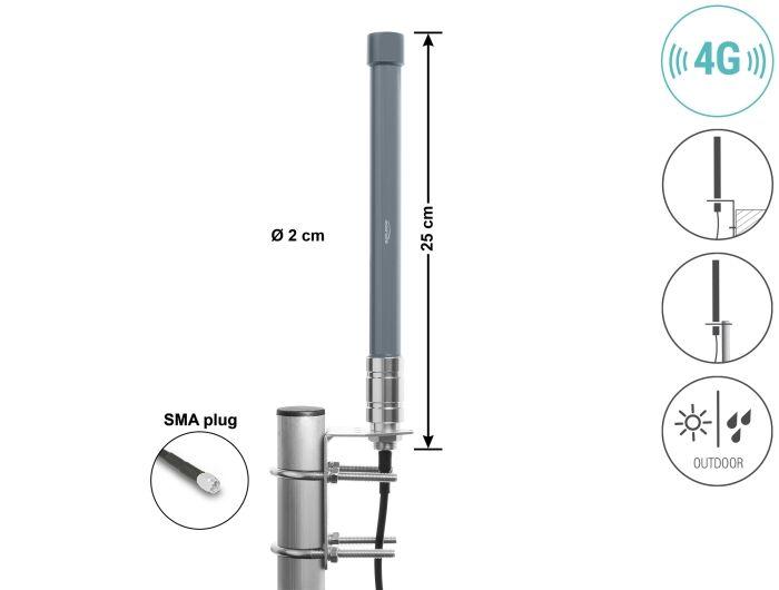 Antena për rrjet Delock 60768, 4G/LTE, 2–3dBi, 700–2700MHz, Omnidireksionale, SMA Male, 25cm - Hiri