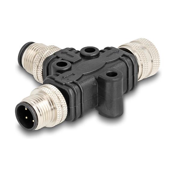 Splitter M12 DeLOCK 60580, 4-pin, A-koduar, 1x M12 mashkull në 1x M12 mashkull dhe 1x M12 femër, IP67 - Zezë - 1
