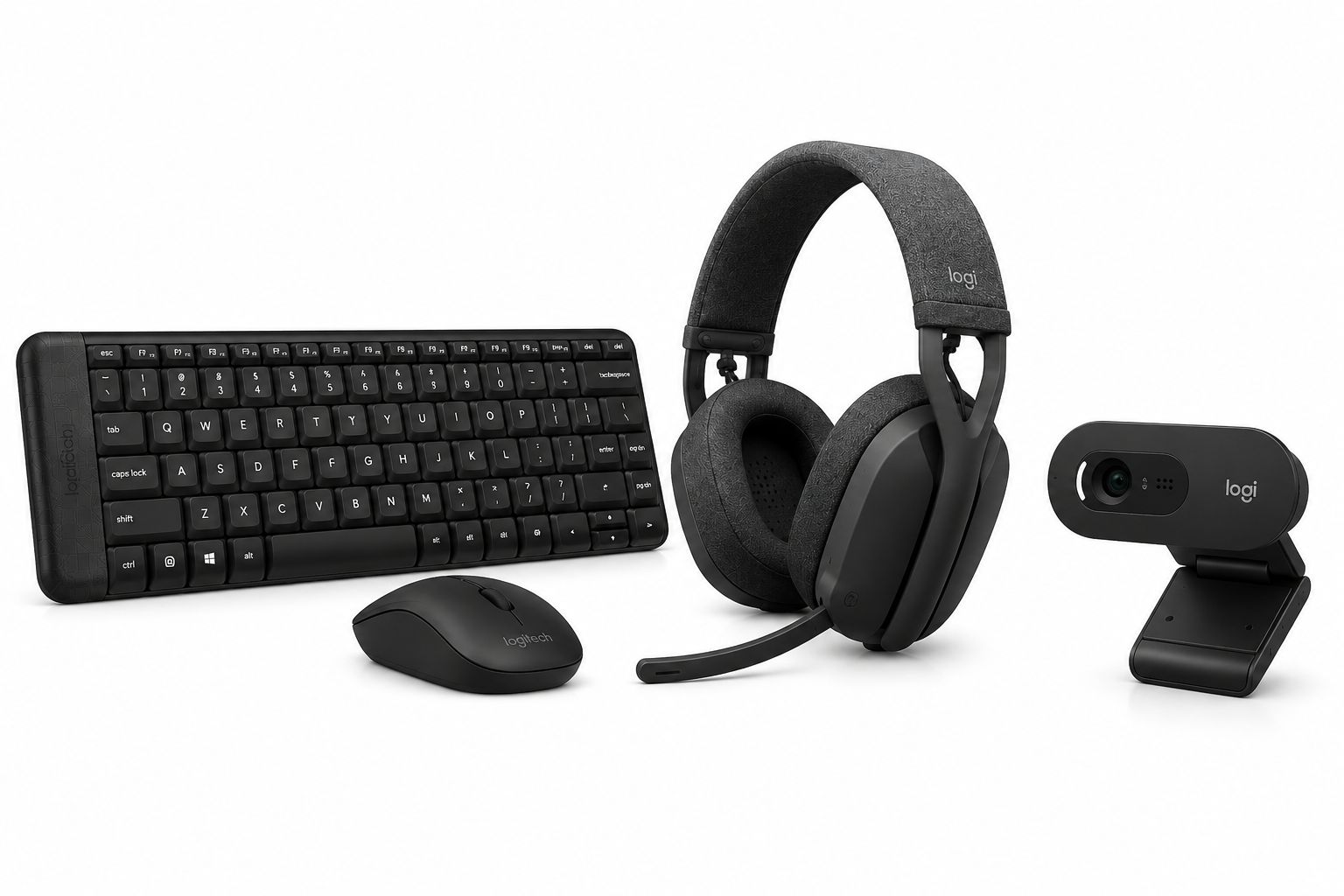 Logitech Essential Office Bundle  – Tastierë & Maus, Kufje Wireless, Webcam Full HD – Zezë/Grafit