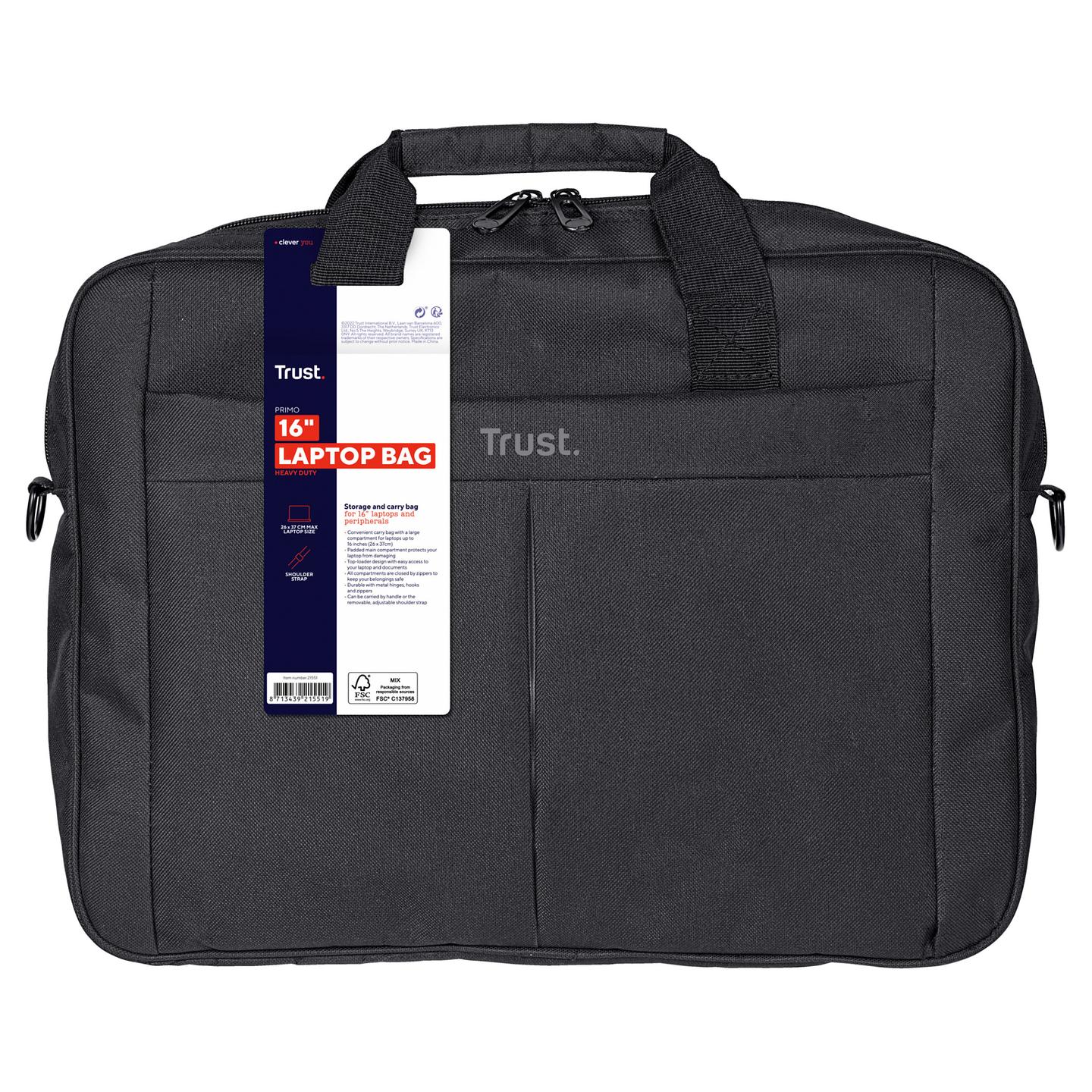 Çantë për Laptop Trust Primo, 16", Ndarje e mbushur, Xhep për aksesorë - Zezë