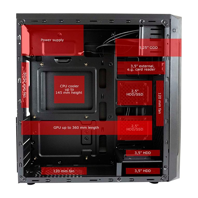 Kasë LC-Power 7040B / Midi-Tower / ATX / 2x USB 3.2 Gen1 + 2x USB 2.0 / 4x120mm – Zezë - 8