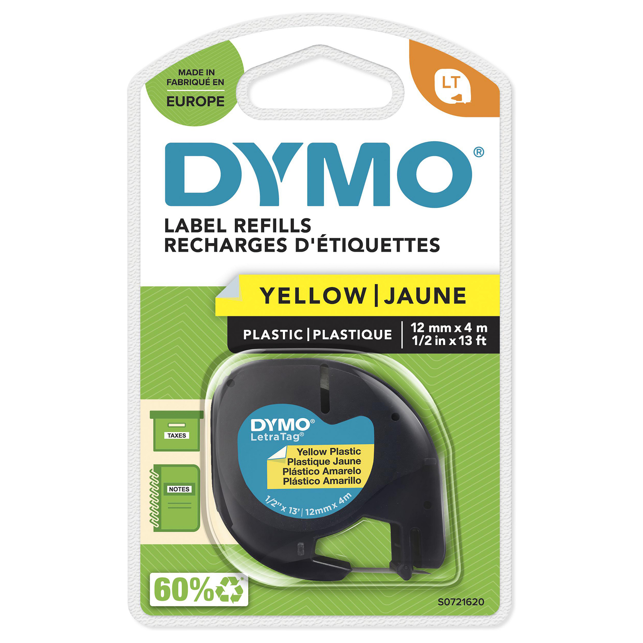 DYMO LetraTag S0721620 / 91202 / Shirit Etiketash Plastik / 12mm × 4m / E Verdhe / Shkrim i Zi