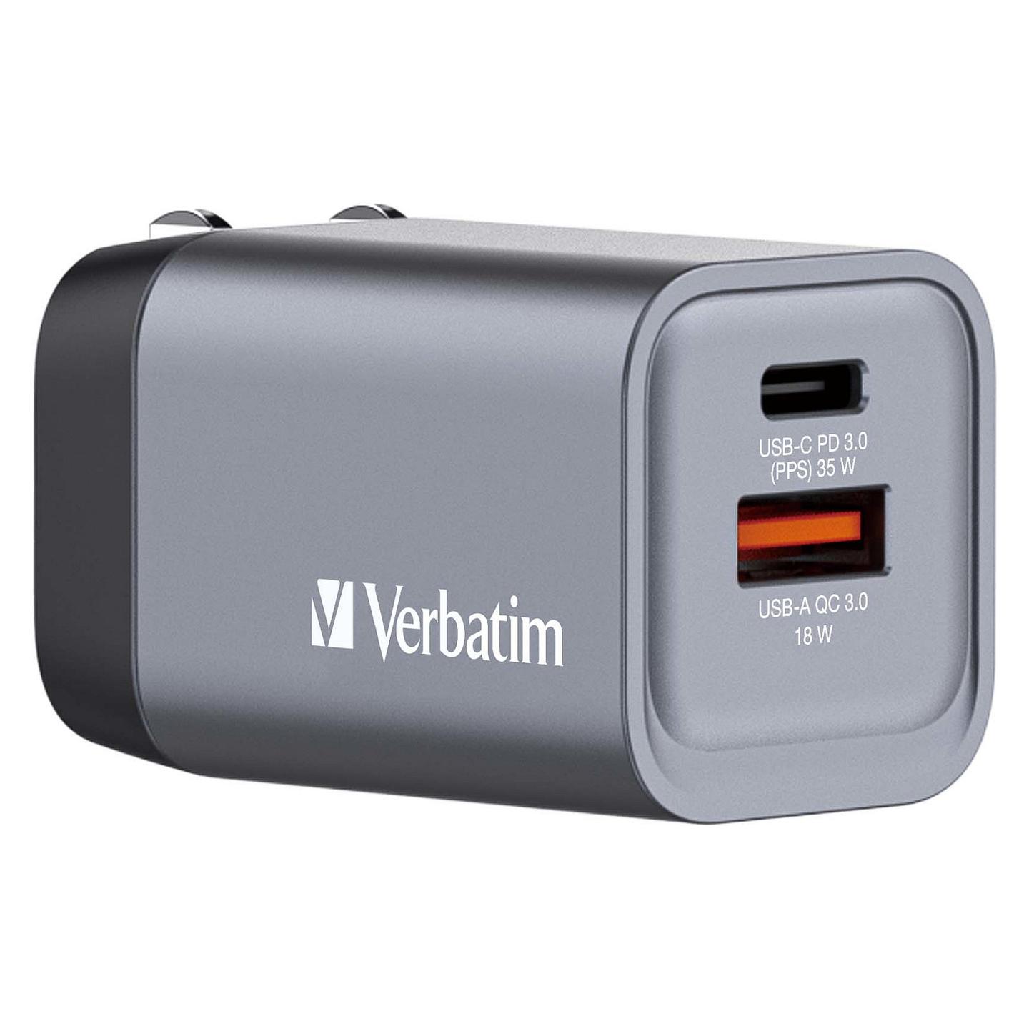 Karikues Verbatim GNC-35, GaN, 35W, USB-C PD 3.0, USB-A QC 3.0, Adapterë EU/UK/US – Gri