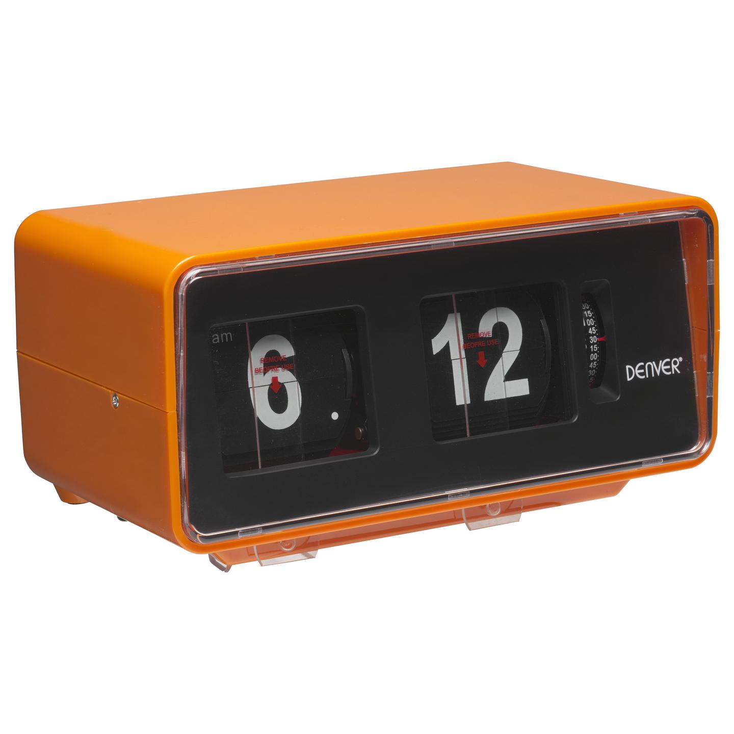 Radio me orë dhe alarm Denver CR-425, FM PLL, ekran me shifra retro, zgjim me radio ose sinjal zanor, bateri rezervë AA - Portokalli