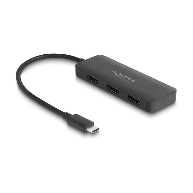 Adapter Video DeLOCK 88040, USB-C Mashkull në 3x HDMI Femër, DisplayPort 1.4, MST, 3x 4K 60Hz, HDR - Zezë