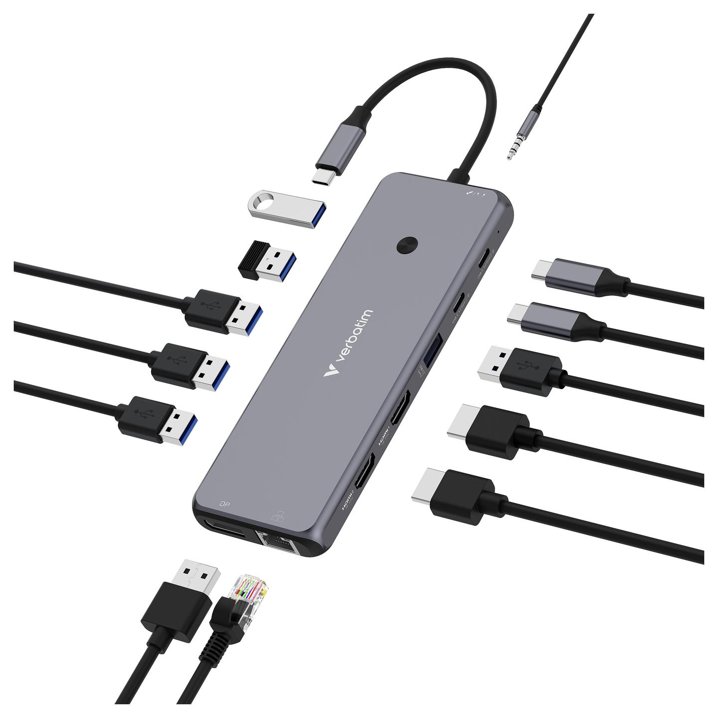 Hub USB-C Verbatim CMH-13, 2× HDMI, DisplayPort, RJ-45, 6× USB-A, 2× USB-C PD - Hiri