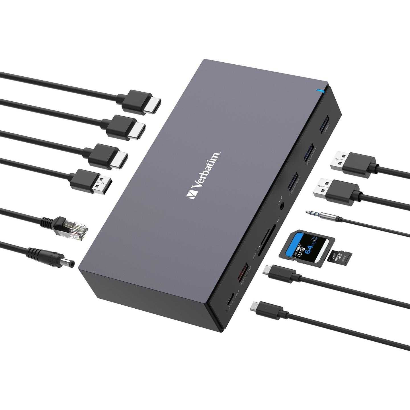 Docking Station Verbatim CDS-17, USB-C, 3× HDMI, 2× DisplayPort, Gigabit Ethernet, USB-A, SD, microSD, PD 100W - Hiri/Zezë