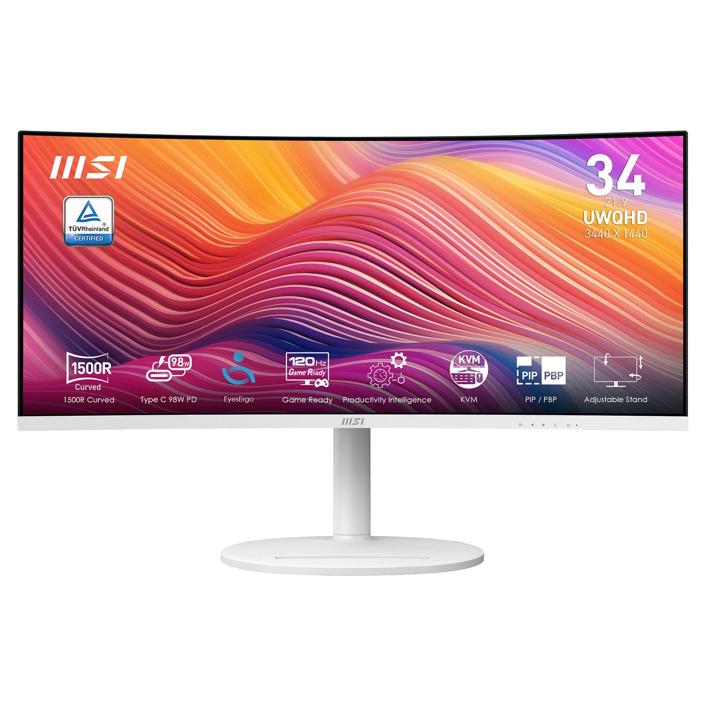 Monitor MSI Modern MD342CQPWDE, 34", UWQHD VA Curved, 120Hz, 1ms MPRT, 4ms GTG, 2× HDMI+DP+USB-C+2× USB-A - Bardhë