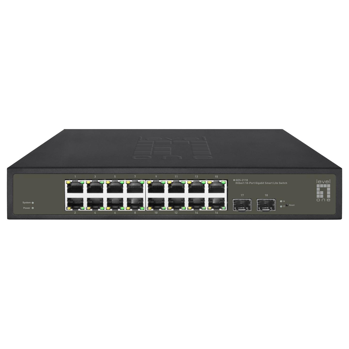 Switch LevelOne GES-2118, 16x Gigabit RJ45, 2x Gigabit SFP, Layer 2, Switching Capacity 36Gbps, VLAN, QoS, Fanless, Rackmount 19" - Zezë