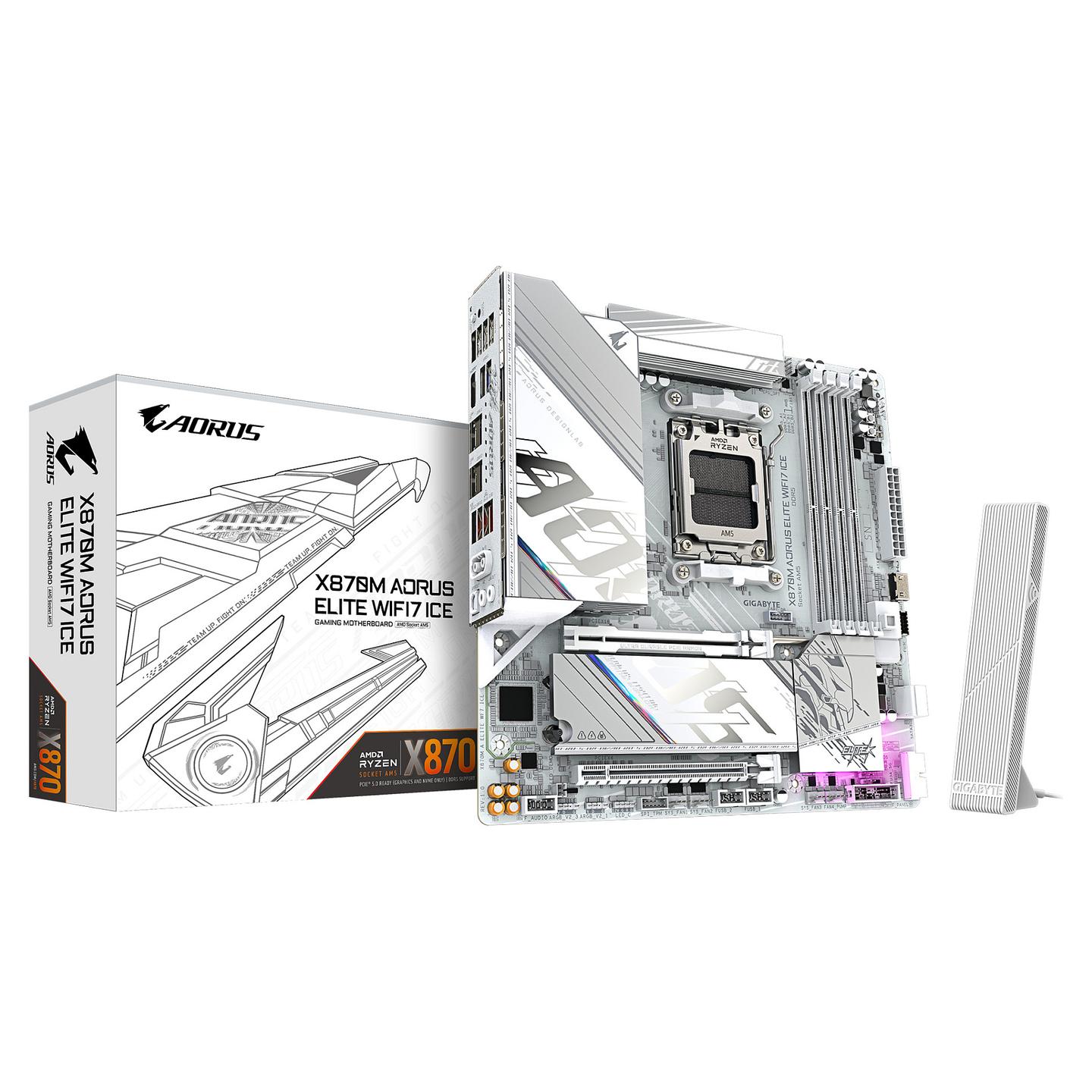Pllakë Amë Gigabyte X870M AORUS ELITE WIFI7 ICE / AMD AM5 / DDR5 / Micro-ATX / Wi-Fi 7 / 2.5GbE LAN