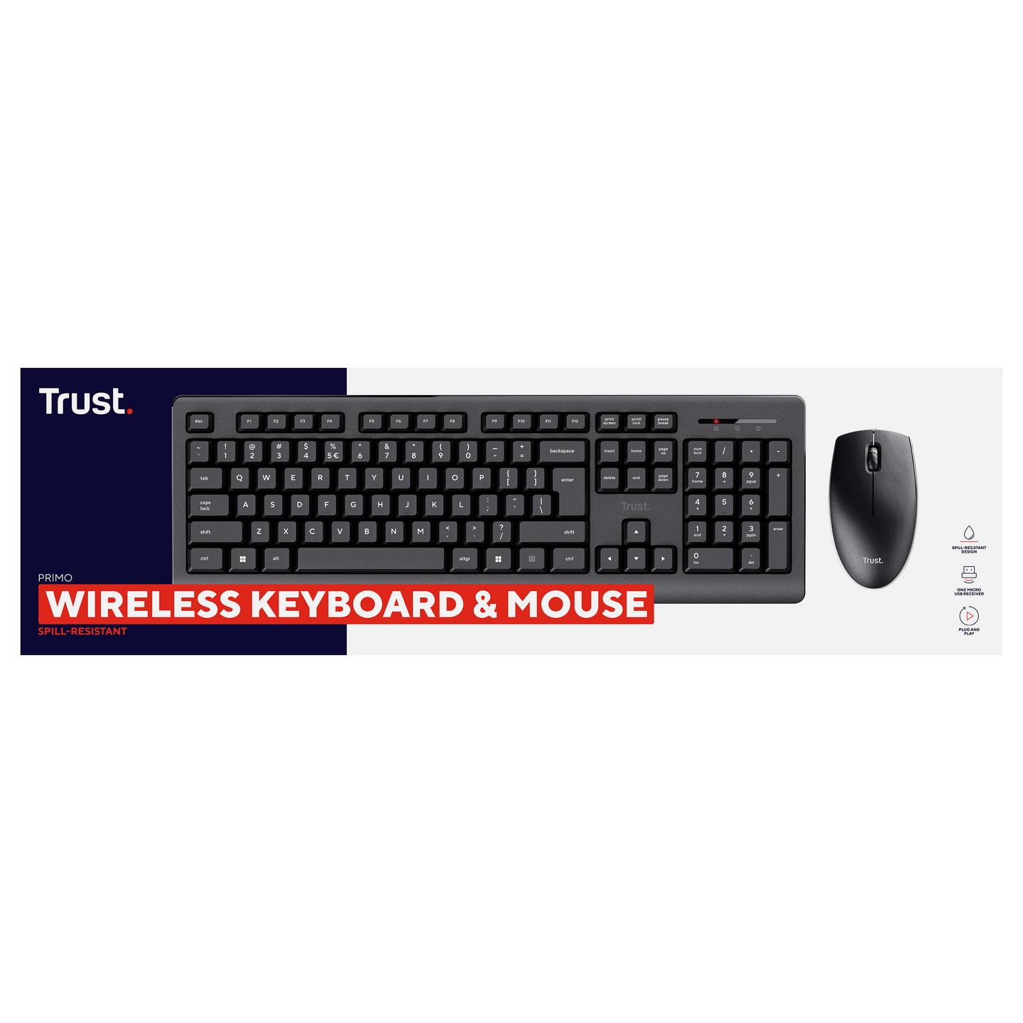 Combo (Tastierë & Maus) Trust Primo, Wireless, Full Size, QWERTZ Gjerman, Membrane, 1200 DPI - Zezë - 12