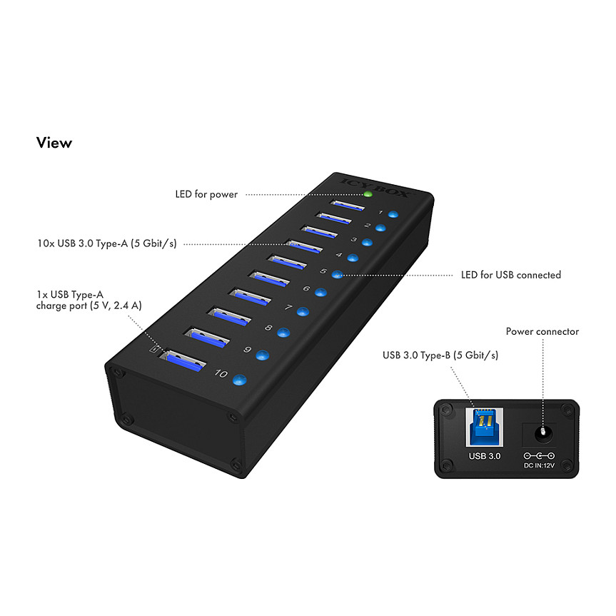 HUB Karikues ICY BOX / 10‑Port USB me furnizim energjie - Aluminium - 6