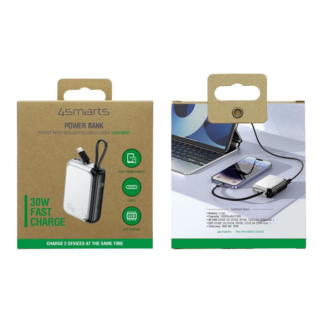Powerbank 4smarts Pocket / 10000mAh / 30W / USB-C me kabllo të integruar / LCD – Argjend - 2