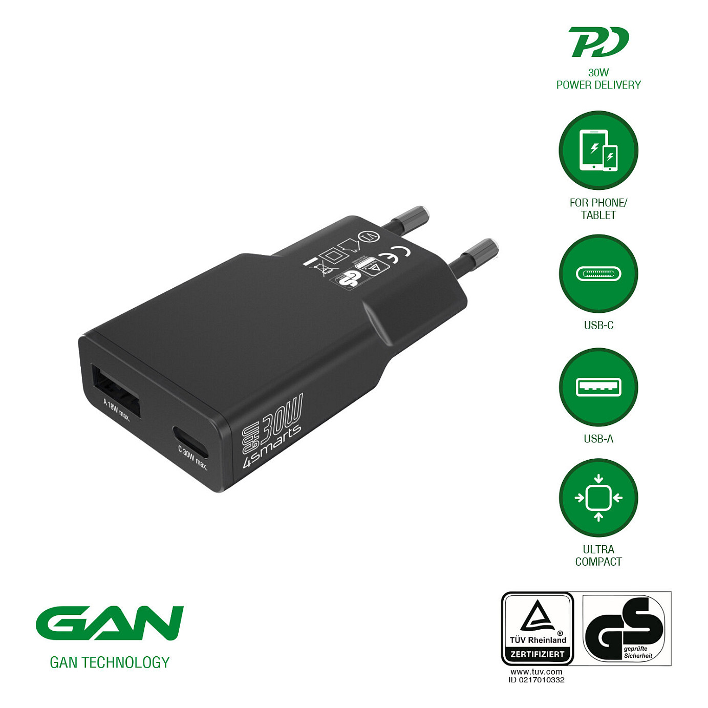 Adapter GaN / 30W / 1x USB-C PD 30W / 1x USB-A QC 3.0 18W / 2-Port / TÜV – Zezë - 2