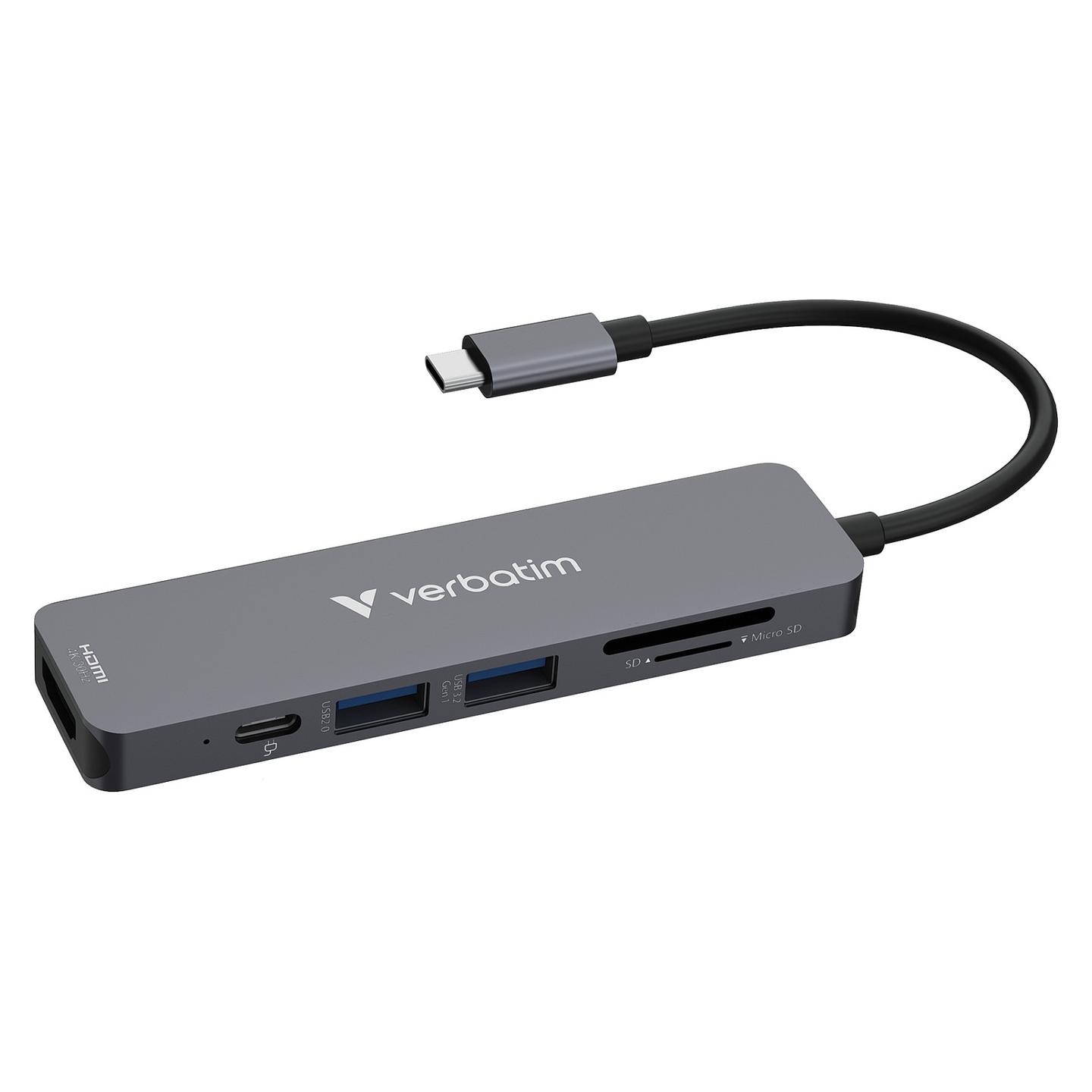 Hub USB-C Verbatim 32156, 6 Porta, HDMI 4K 30Hz, USB-A 3.2 Gen 1, USB-A 2.0, USB-C PD 100W, SD, microSD – Gri