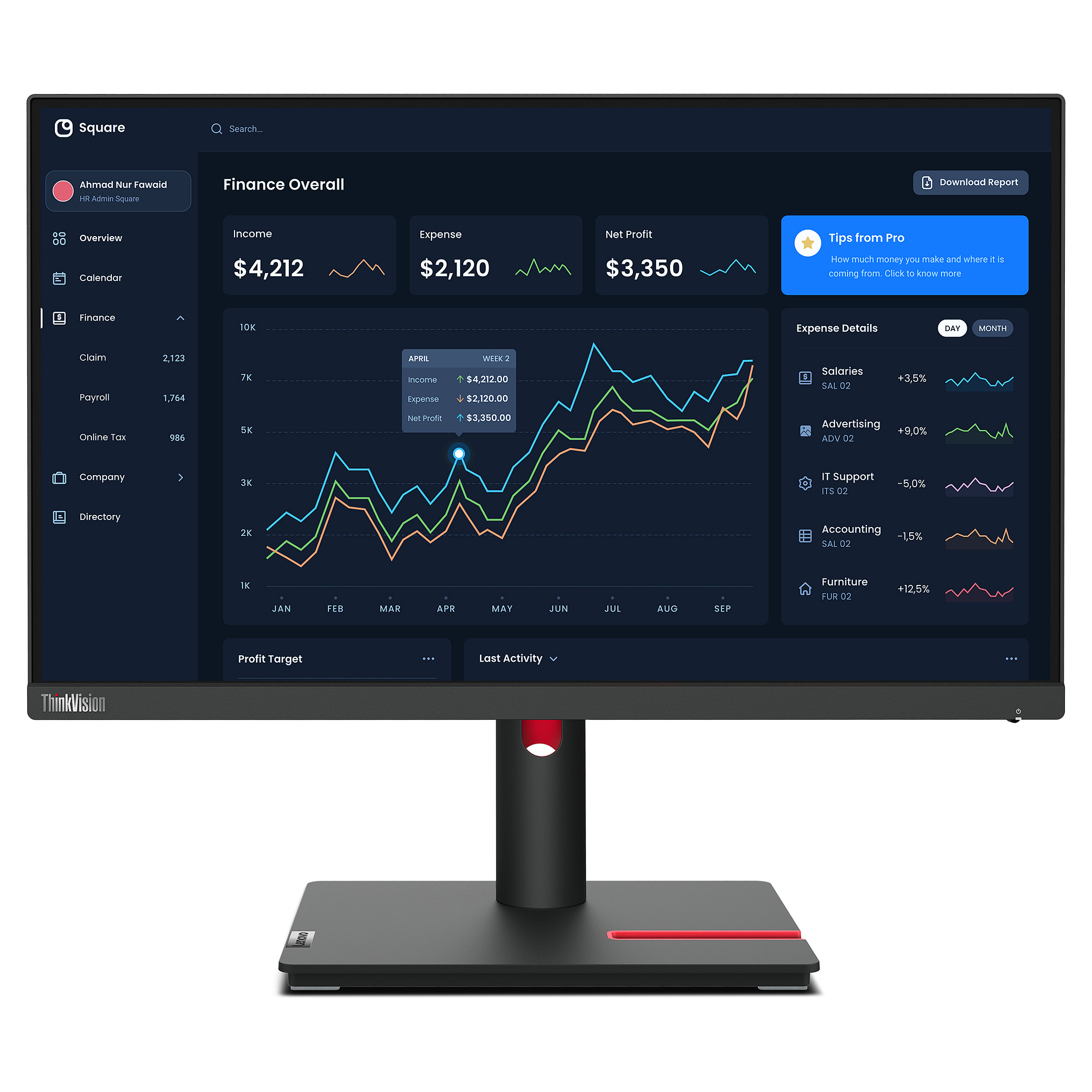 Monitor Lenovo 54.6cm/21.5" (1920x1080) Lenovo ThinkVision T22i-30 16:9 FHD IPS 60Hz 4ms HDMI VGA DP USB Pivot Zi - 1