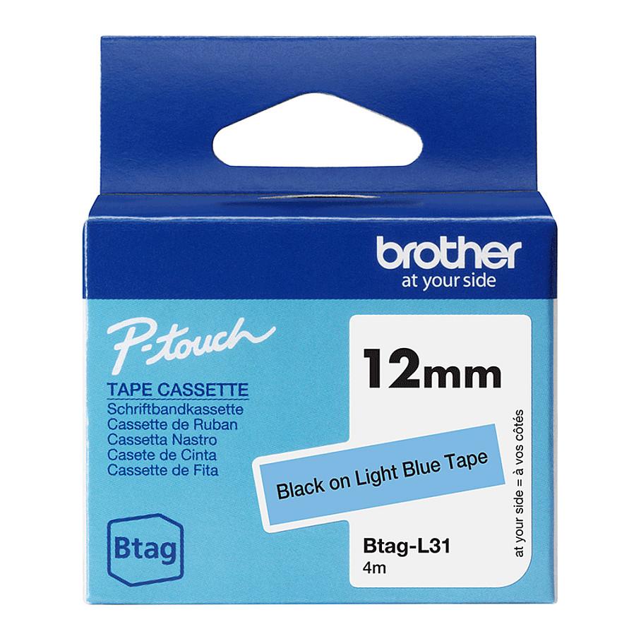Shirit Etiketimi Brother BTAG-L31, 12 mm × 4 m, Tekst i Zi në Shirit Blu të Çelët